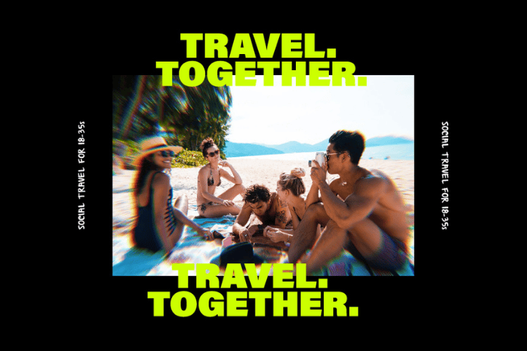 Strandszene mit einer Gruppe von Freunden, Text darüber „TRAVEL TOGETHER“.